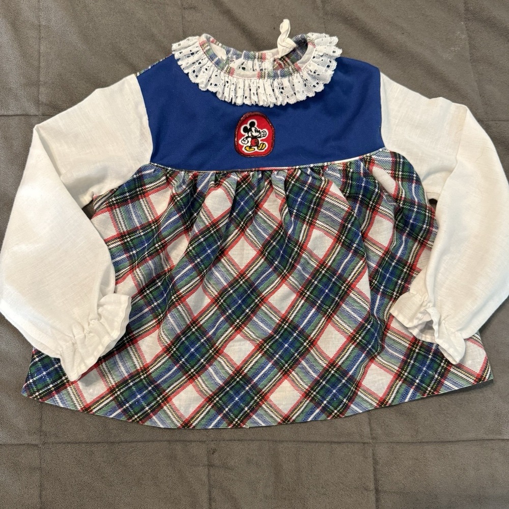 Vintage Roanna Toddler Girls Plaid Tunic Top‎ Mickey Mouse Patch 4T